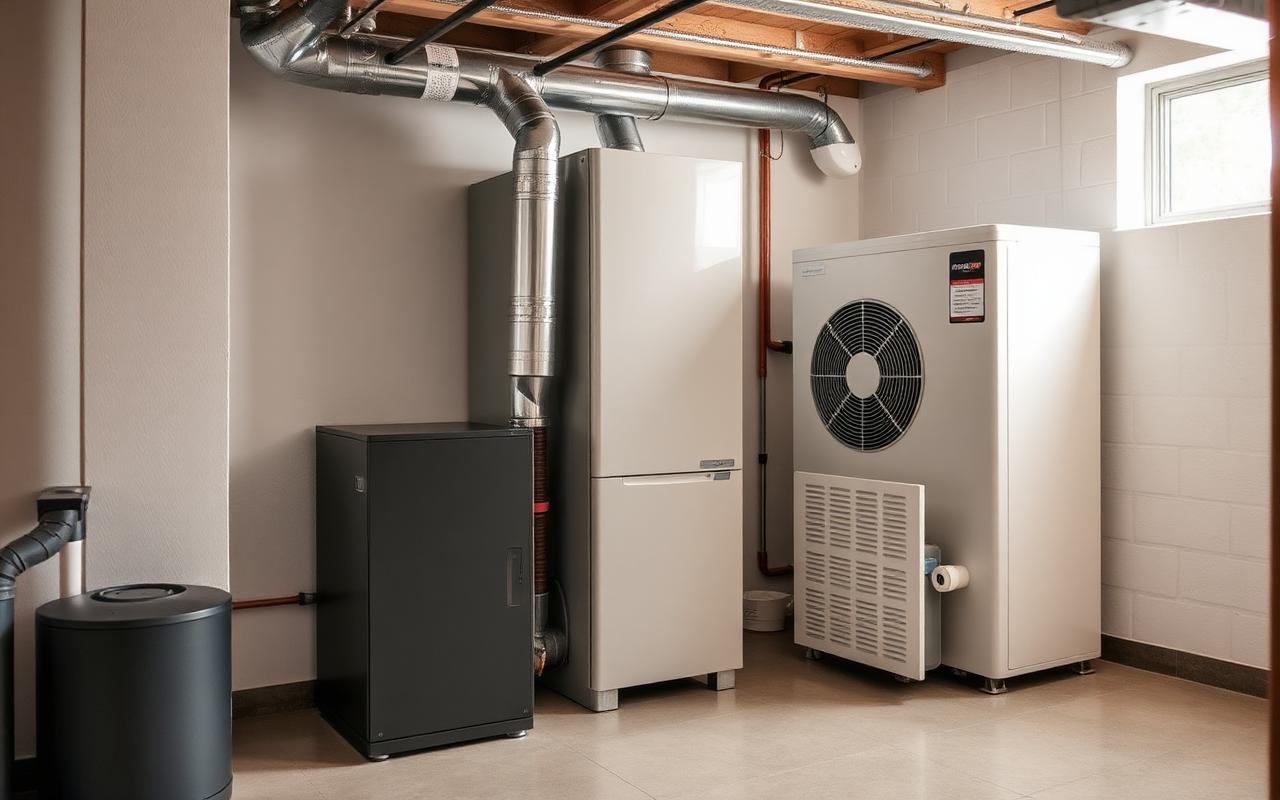 High-efficiency furnace and heat pump in a clean basement utility room