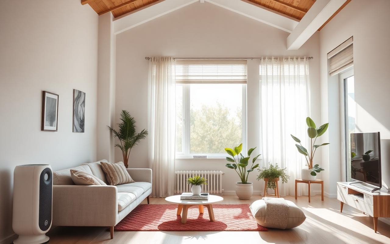 Bright modern living room with clean indoor air and natural light