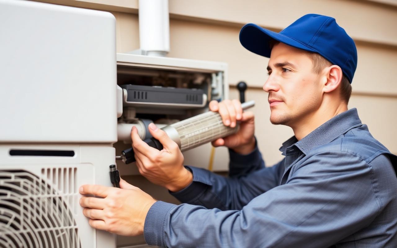 HVAC technician performing a spring tune-up on a residential air conditioner