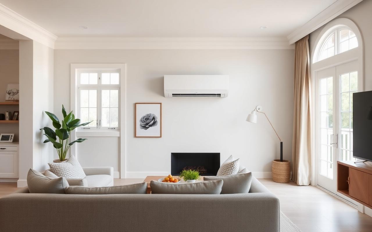 Sleek white ductless mini split mounted in a modern Hamptons living room